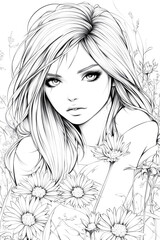 Fototapeta premium Antistress image of a beautiful girl with flowers. for adult and children's coloring books