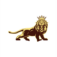 Angry lion wearing gold and brown crown illustration logo design