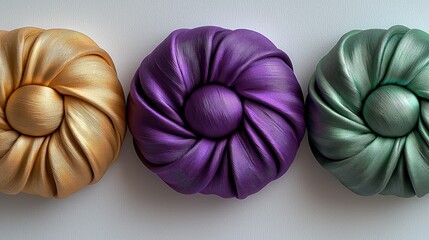 Three iridescent fabric sculptures arranged in a row