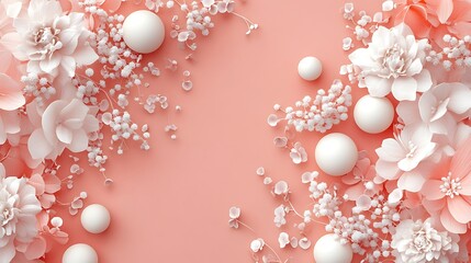 Pastel Flowers and Spheres on Coral Background
