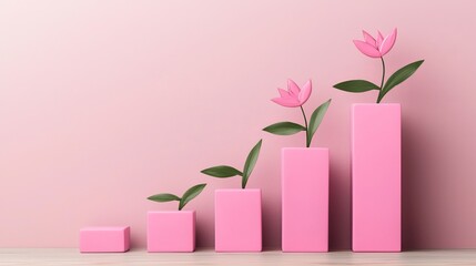 Obraz premium Pink flowers in ascending pink cubes against a pink wall; growth concept.