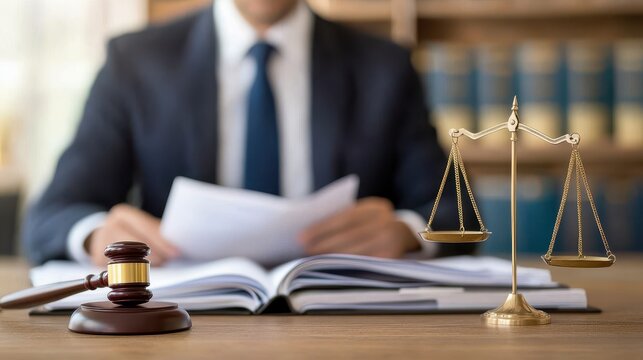 A professional setting featuring a lawyer reviewing documents with a gavel and scales of justice in the foreground, symbolizing legal proceedings.