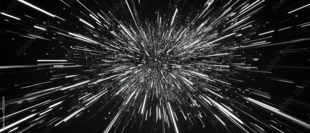 Poster abstract representation of light beams radiating from a central point against a dark background