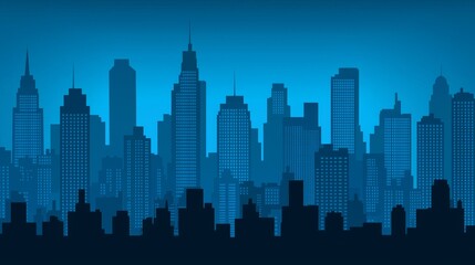 Night city skyline, urban landscape illustration, modern buildings silhouette at twilight, digital art, graphic, building cityscape background.