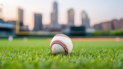 A baseball rests on vibrant green grass with a city skyline blurred in the background, capturing the essence of a summer day at the ballpark.