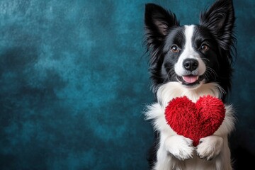 Collie - my preferred dog. Cute collie pooch with fluffy red heart - emblem of love, funny greeting card. Promotion conceptual art. Romantic dog pictures. Valentine's cards for dog lovers.