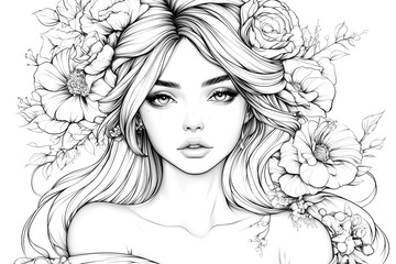 Fototapeta premium Portrait beautiful girl with flower. Sketch for coloring book