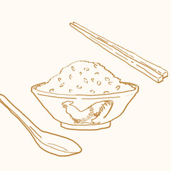 Chinese Rooster Bowl with Rice, Spoon and Chopsticks Line Drawing Doodle
