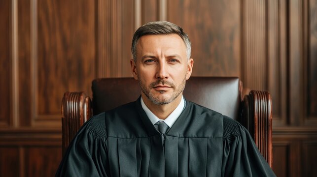 A serious-looking judge in a black robe, seated in a wooden courtroom, exuding authority and professionalism.