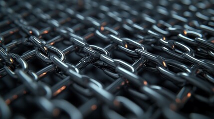 Fototapeta premium Close-up shot of interwoven metal chains forming a grid pattern, showcasing intricate details and reflective surfaces.