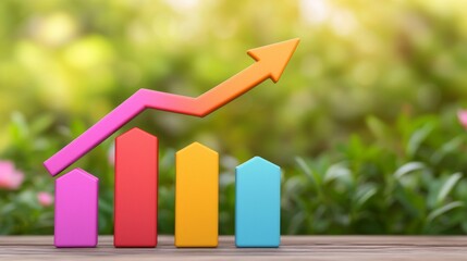 Colorful upward trending bar graph shows successful growth and progress in business, set against a vibrant nature backdrop.