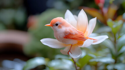 Obraz premium Peach bird perched on white flower, garden background, nature scene