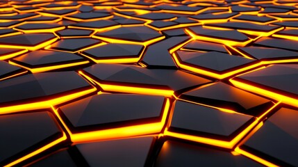 Abstract 3D background with glowing orange lines on dark geometric shapes, creating a modern and vibrant design.