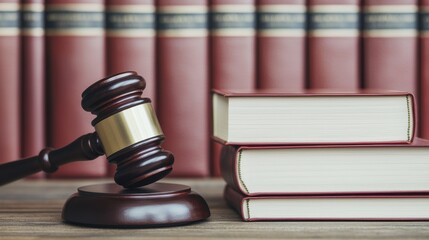 A gavel rests beside stacked law books, symbolizing justice and legal proceedings in a courtroom setting.