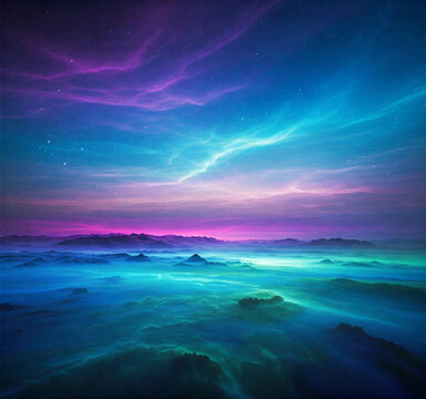 The image masterfully utilizes atmospheric perspective, with distant elements appearing fainter and bluer, creating a sense of depth and vastness.