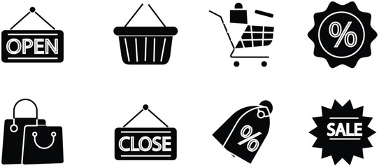 Line-Style Shopping and Retail flat Icon Set: Bags, Baskets, Carts, Discounts, Tags, and Sale Signs for E-Commerce and Promotions, with Transparent Background