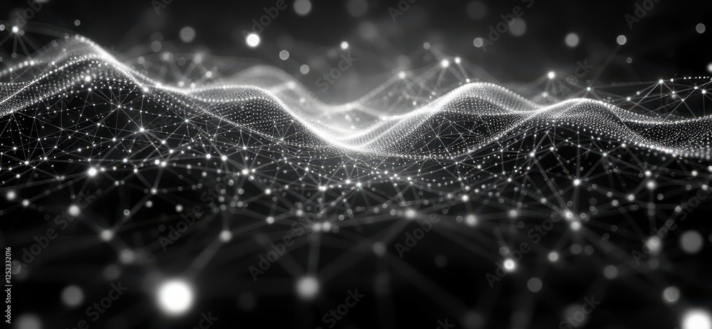 Aufkleber abstract black and white digital landscape with network pattern and light points