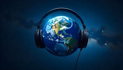 Fototapeta premium world hearing day the earth wearing headphones, set against a vast, starry space background, symbolizing global connection through music and sound