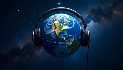 Fototapeta premium world hearing day the earth wearing headphones, set against a vast, starry space background, symbolizing global connection through music and sound