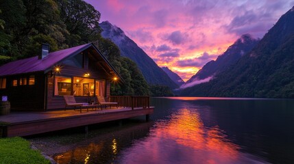 Fototapeta premium Mountain cabin on lake at vibrant sunset