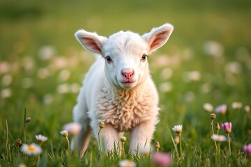 Fototapeta premium Cute young lamb standing in a green meadow full of blooming colorful flowers during springtime, showcasing natural beauty, innocence, and tranquility in the countryside under the bright sunshine.