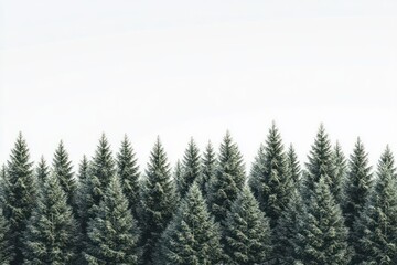 Evergreen forest, trees, nature, landscape, minimalistic, background, white sky, serenity, design