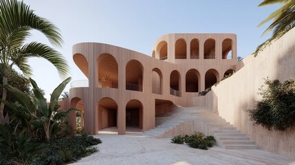 Fototapeta premium Stunning modern architecture design; a luxurious hillside building with arched entryways and tropical landscaping.