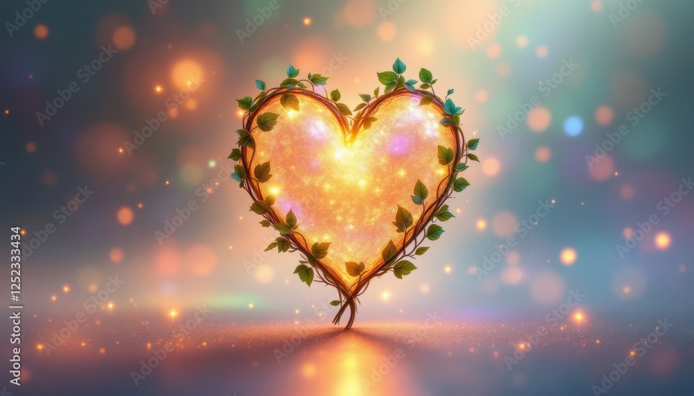Poster glowing heart shape with leaves and bokeh lights on soft colorful background