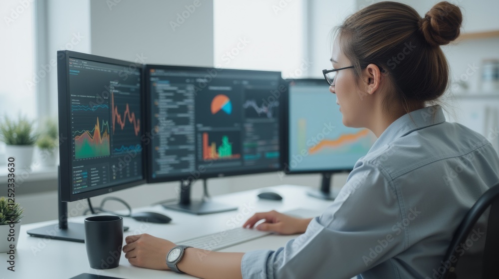 Poster professional woman analyzing data on multiple computer screens in office