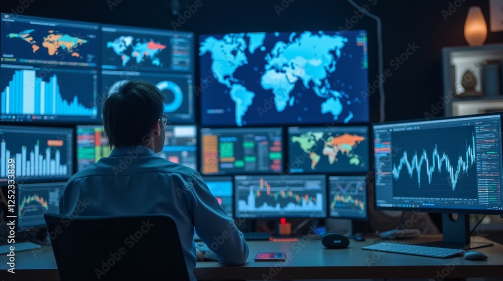 Aufkleber data analyst in office using multiple screens for market analysis