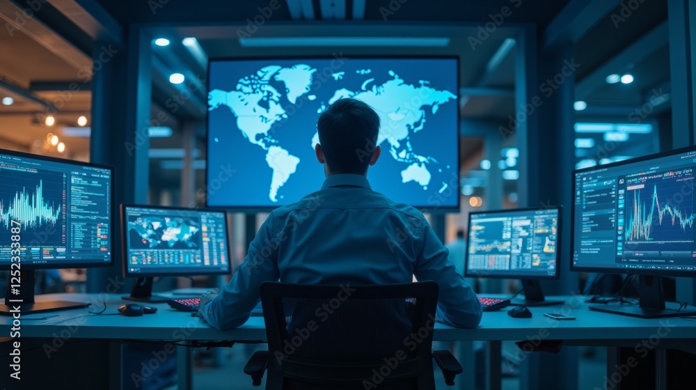 Poster business analyst monitors data trends on multiple computer screens