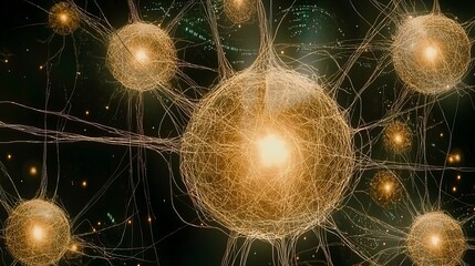 Microscopic view of interconnected neurons, glowing bright, intricate network of neural cells, abstract brain cell structure background.