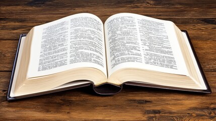 Obraz premium Open antique dictionary book on wooden surface; detailed view of aged pages and text, showing history and knowledge.