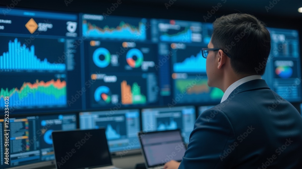 Poster professional man analyzing financial data on multiple screens in office