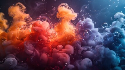 Vibrant multicolored ink swirls and bubbles underwater in abstract fusion