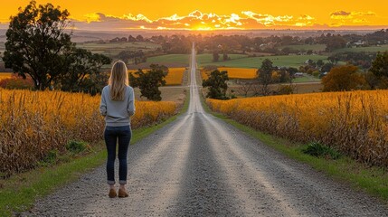 Fototapeta premium Woman standing on gravel road at sunset overlooking farmland