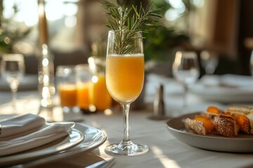 Fototapeta premium A glass of orange juice is on a table with a plate of food
