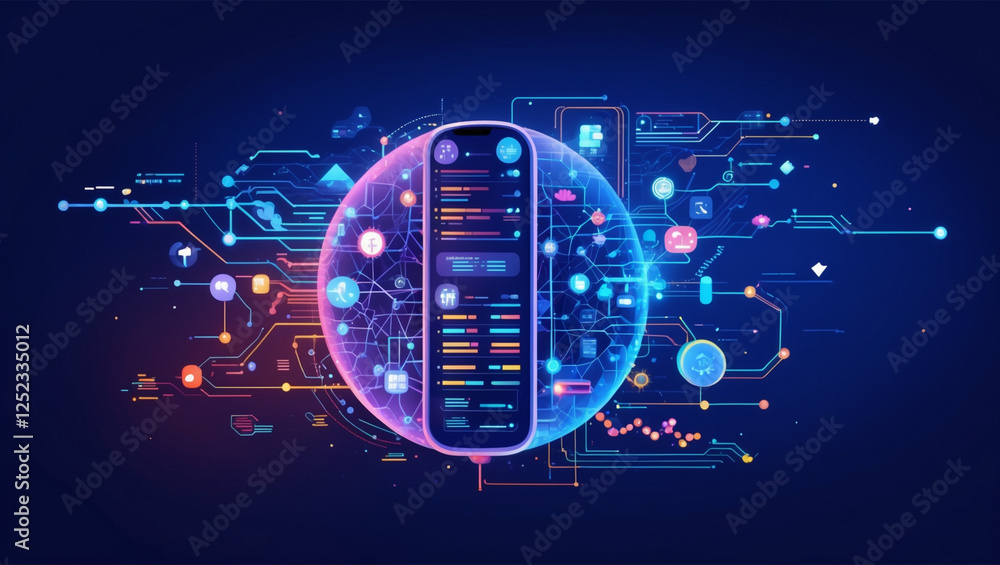 Poster mobile technology and data connection concept with glowing futuristic design