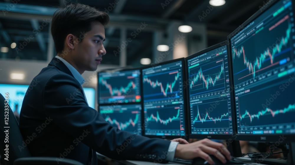 Poster Professional Trader Analyzing Stock Market Data on Multiple Screens