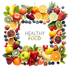Healthy Food Banner, Frame Made of Fresh Fruits Isolated on White Background