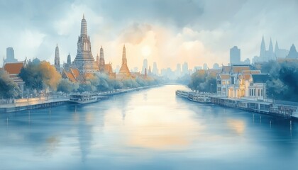 Fototapeta premium Bangkok Wat Arun Temple Riverfront Sunrise Watercolor