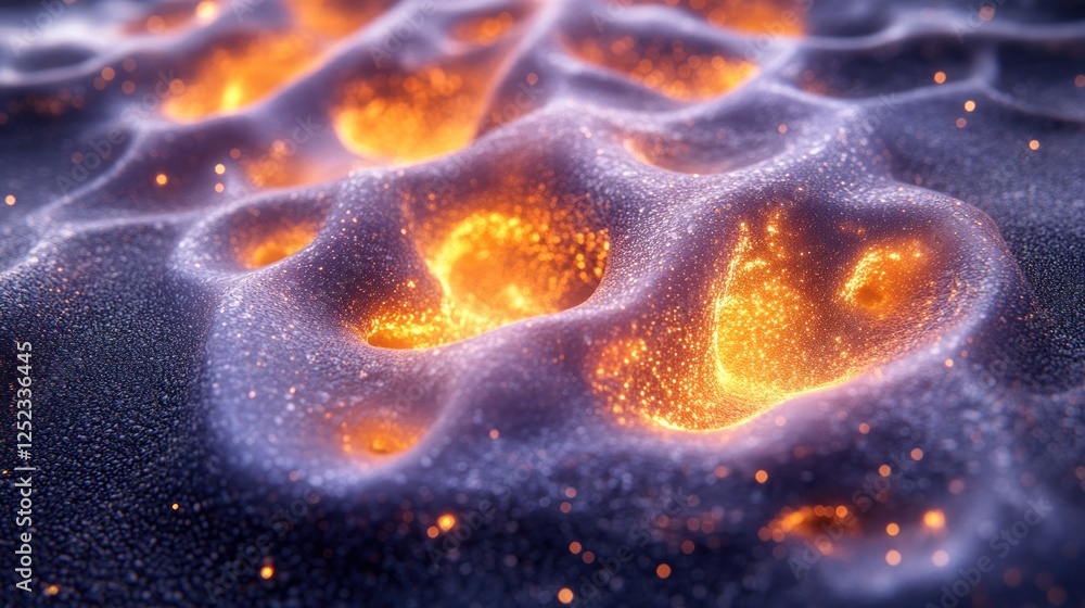 Poster abstract fiery surface texture, glowing particles, digital artwork, possible use for scientific or t