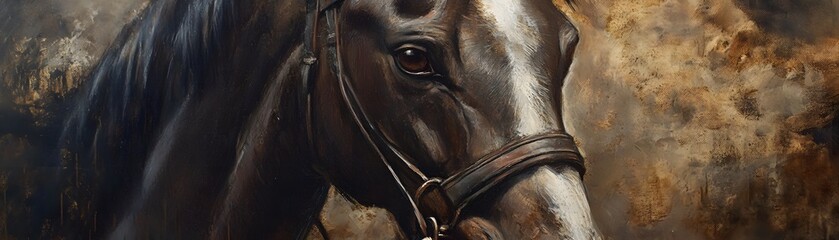 A close-up portrait of a majestic horse showcasing the beauty of its features and expressive eyes, surrounded by a rich, textured background that complements its elegance.
