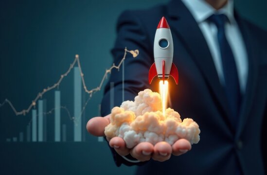 A rocket launch icon takes off at speed to reach a growth target. High quality photo