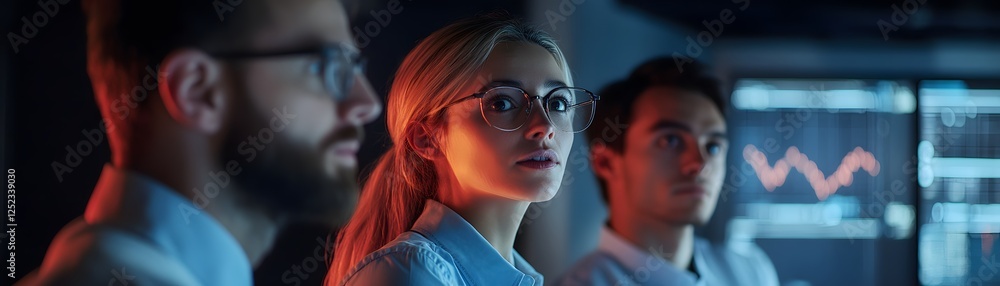 Poster a group of focused professionals analyzing data in a modern workspace. their expressions reflect con