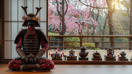 Samurai armor display in traditional japanese setting with cherry blossoms