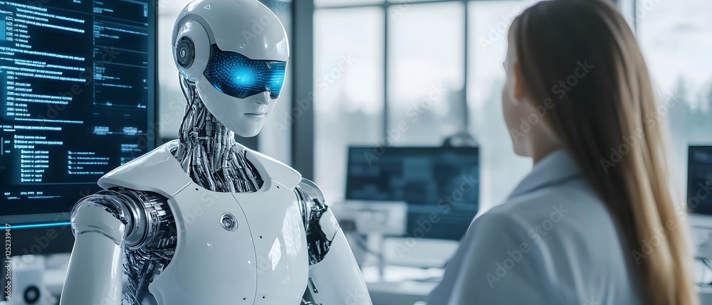 Poster a humanoid robot engages with a scientist in a high-tech lab, showcasing the integration of artifici