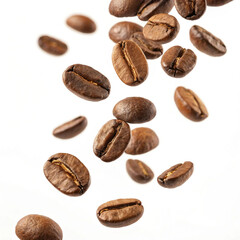 Obraz premium Coffee beans in flight on white background