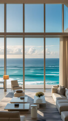 Fototapeta premium Luxury architecture, ocean front property landscape. Modern living room interior design with sleek contemporary designer furniture, minimalist decor large windows, panoramic coastal view background
