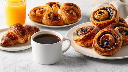 A breakfast table with coffee, croissants, and orange juice, featuring a close-up of a cup of black tea. Plates filled with fruit salad and marmalade in the background.